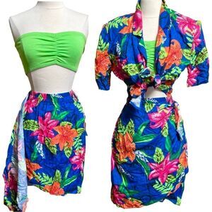 Vintage 80s / 90s Neon Tropical Hawaiian Tiki 3 piece Beach Vacation Skirt Set